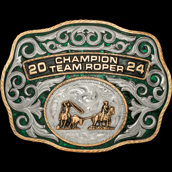 The Sheridan Turquoise Buckle comes with a beautiful hand engraved bronze edge and silver overlays. Customize it with your own lettering, figure and stone color!
